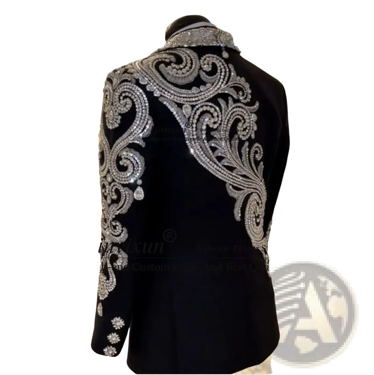 Black velvet men wedding tuxedo blazer with intricate silver beaded sequin floral embroidery design