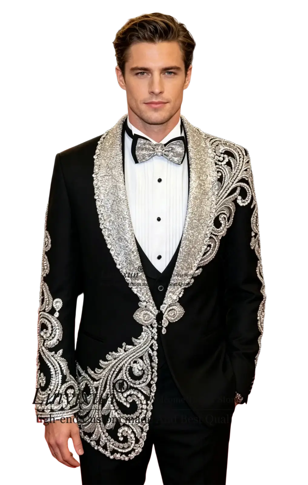Black velvet men wedding tuxedo jacket with intricate silver beading and embroidery on lapels and shoulders