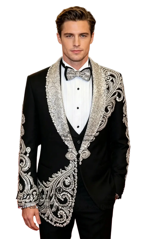 Black velvet men wedding tuxedo jacket with intricate silver beading and embroidery on lapels and shoulders