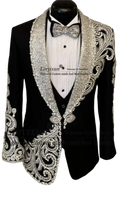 Black velvet men wedding tuxedo suit with intricate silver beaded embroidery on lapels shoulders and cuffs