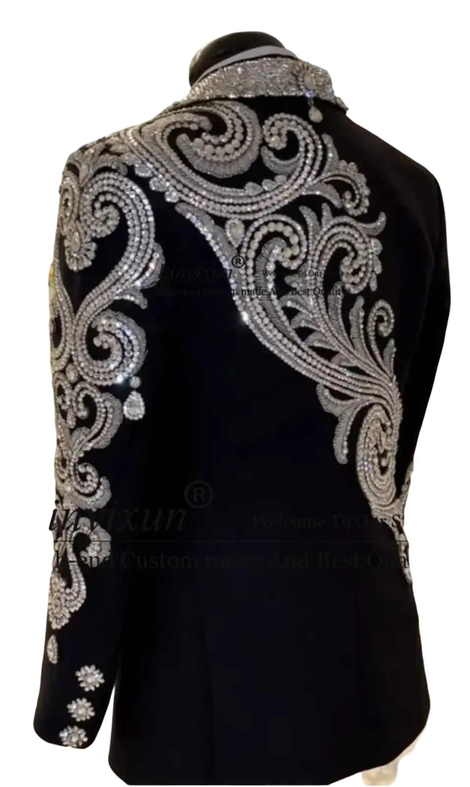 Black velvet men wedding tuxedo jacket with intricate silver beading and sequin embroidery in swirling patterns