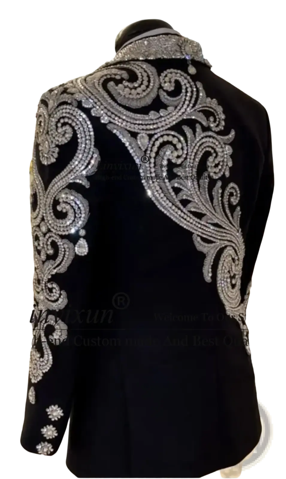 Black velvet men wedding tuxedo jacket with intricate silver beading and sequin embroidery in swirling patterns