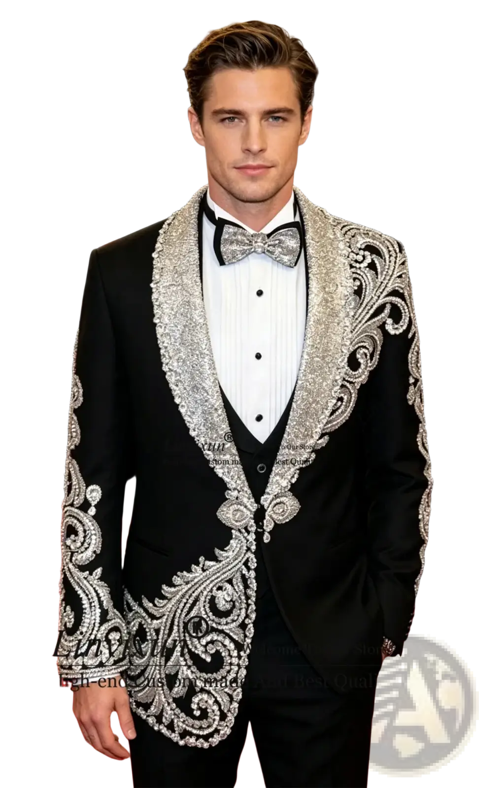 Black velvet men wedding tuxedo jacket with intricate silver beading and embroidery on lapels and shoulders