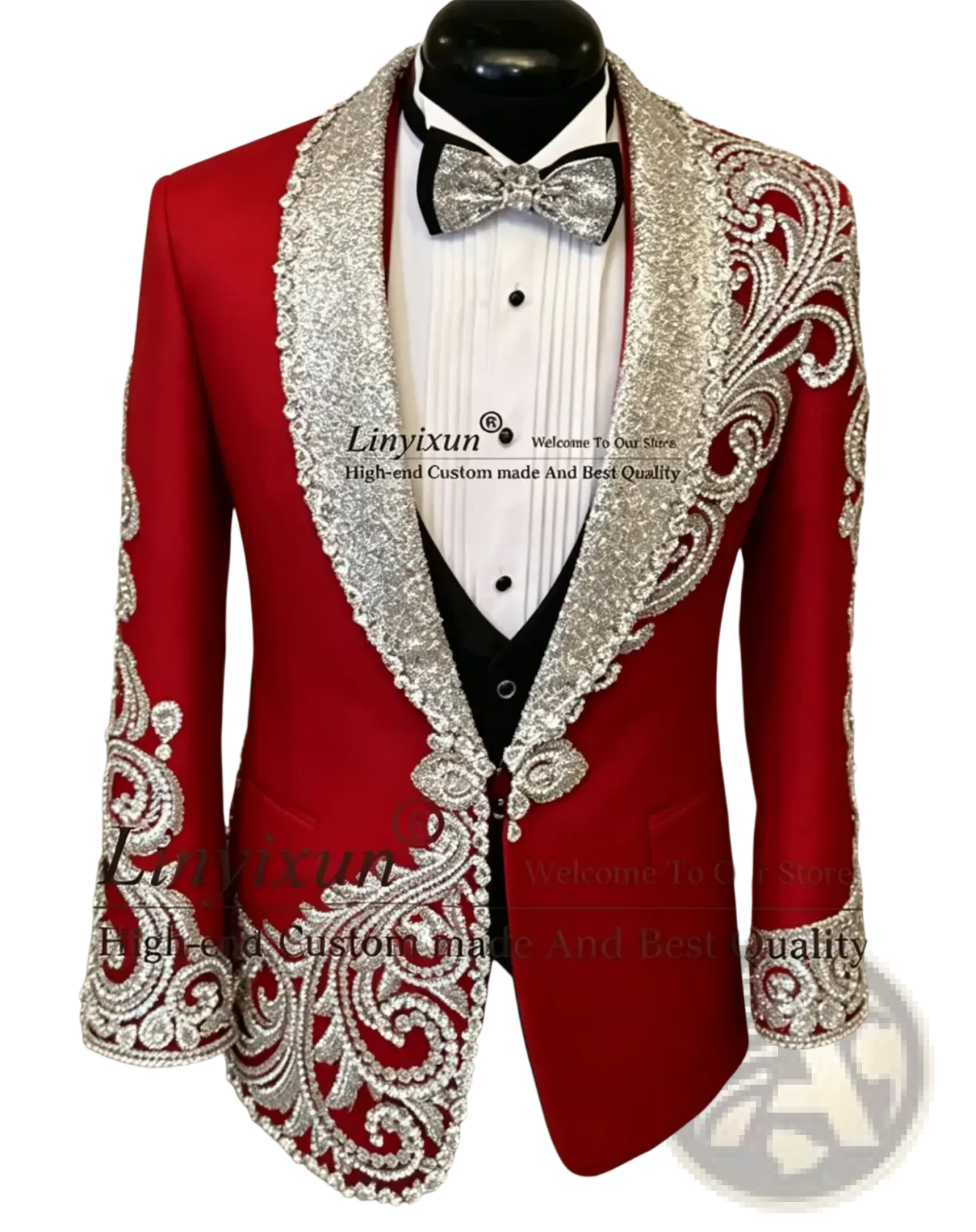 Red tuxedo jacket with silver sequined and beaded ornate detailing on lapels shoulders and cuffs for men wedding tuxedo
