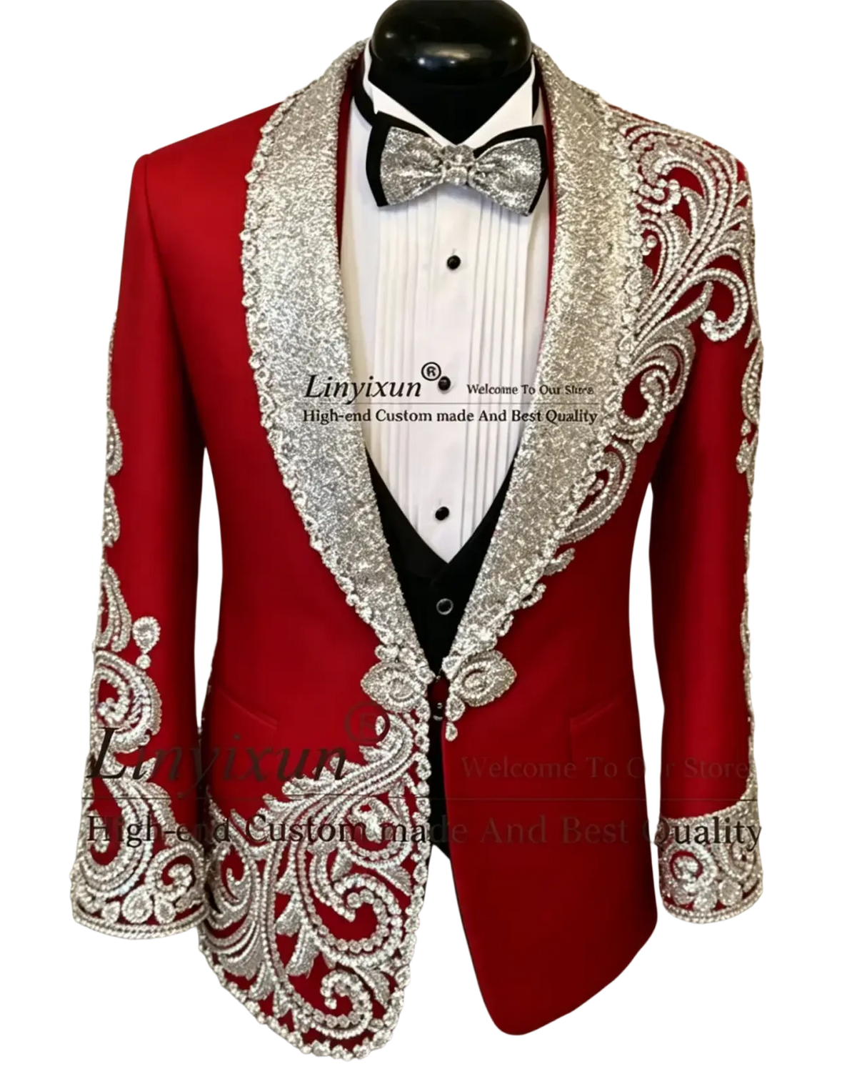 Red tuxedo jacket with silver sequined and beaded ornate detailing on lapels shoulders and cuffs for men wedding tuxedo
