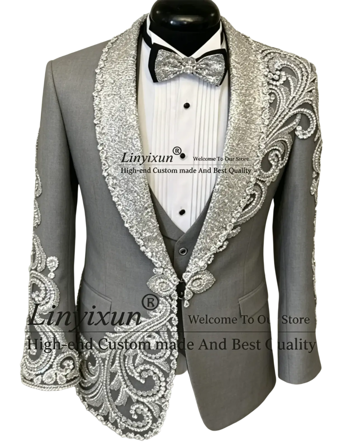 Gray tuxedo jacket with silver beaded and sequined detailing on lapels, shoulders, and cuffs for men wedding suit