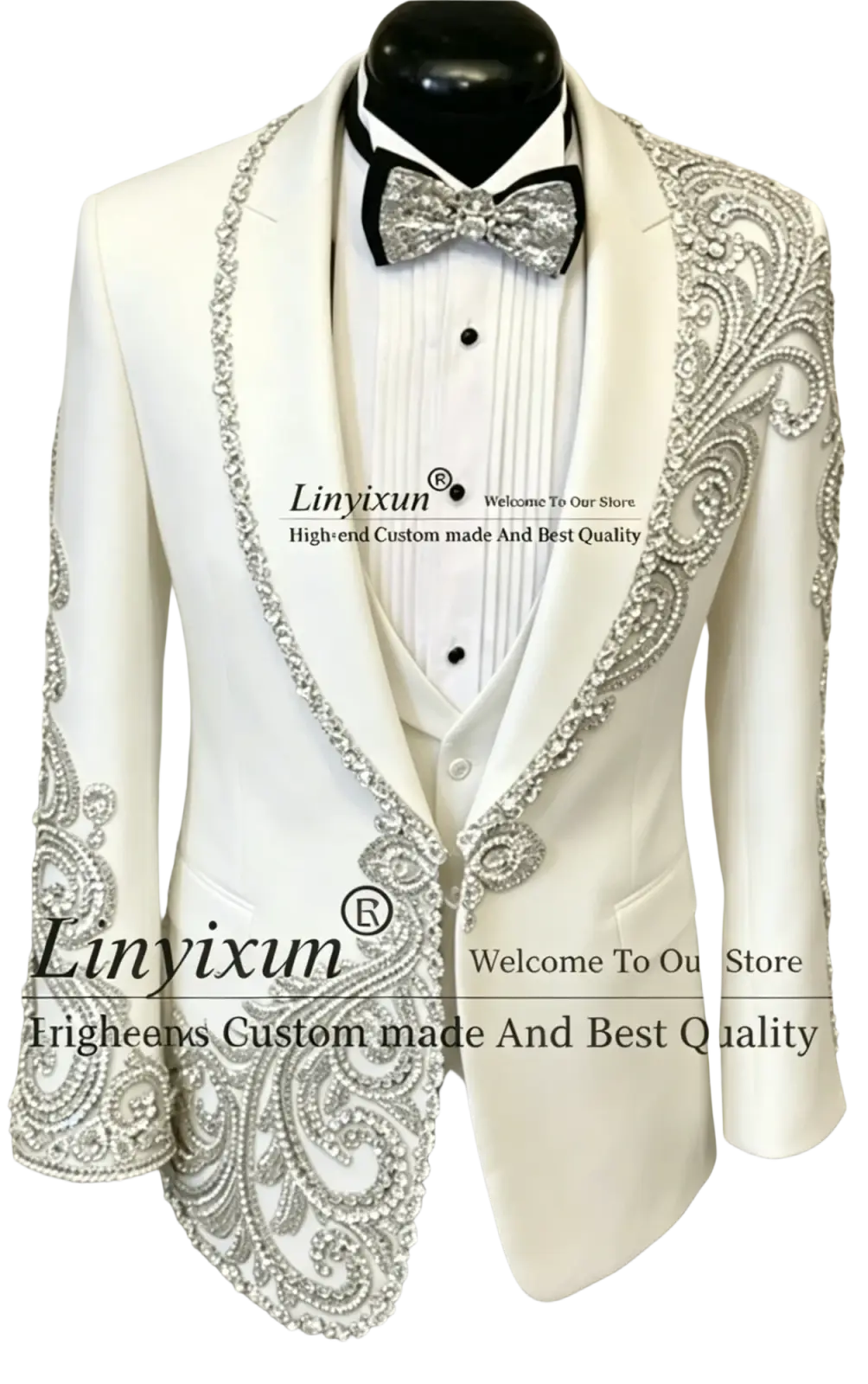 White tuxedo jacket with intricate silver beaded embroidery on lapels shoulders and cuffs for men wedding tuxedo suit