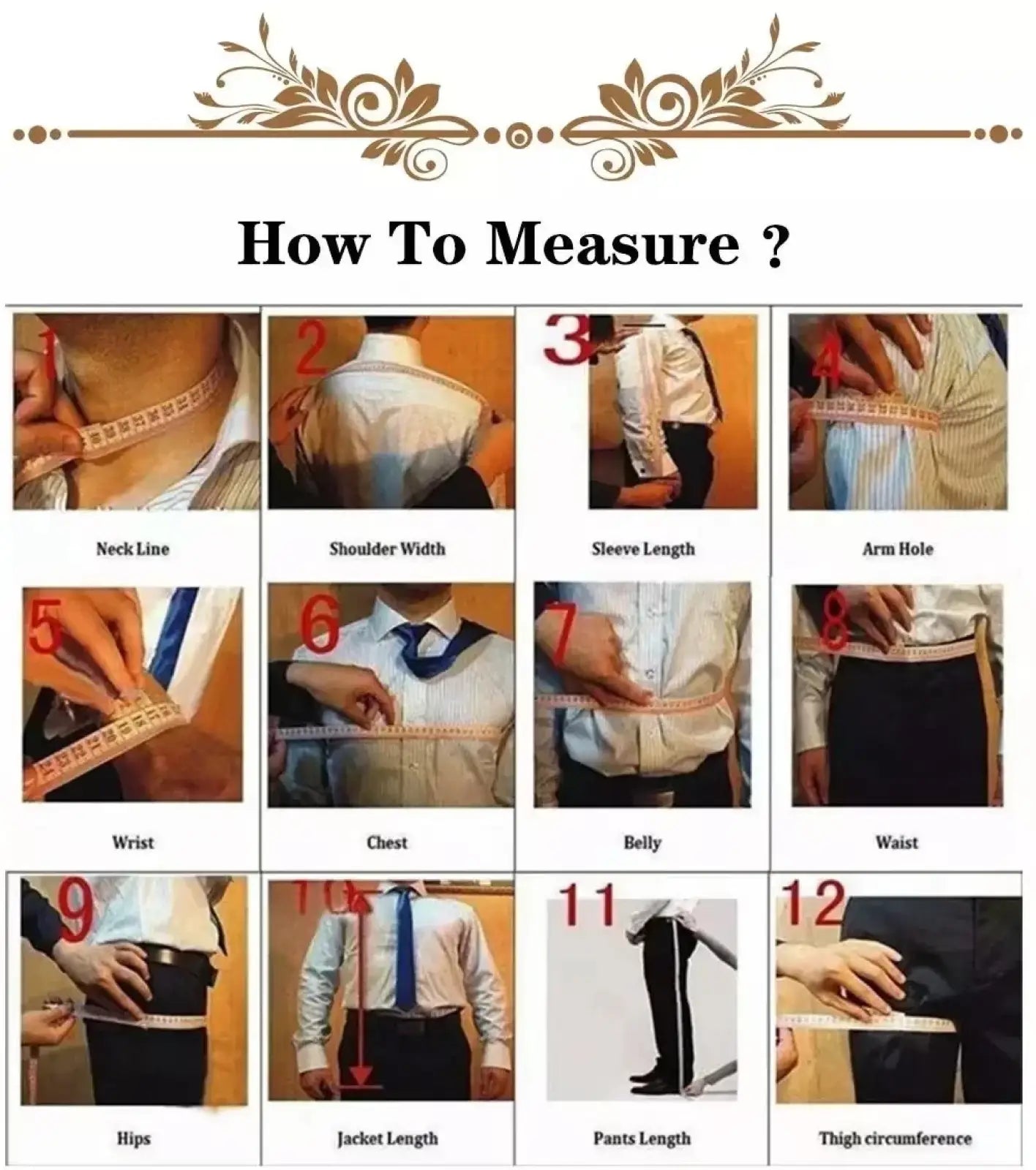 A white measuring tape with black markings for precise body measurements paired with a black velvet beaded sequin men wedding tuxedo suit