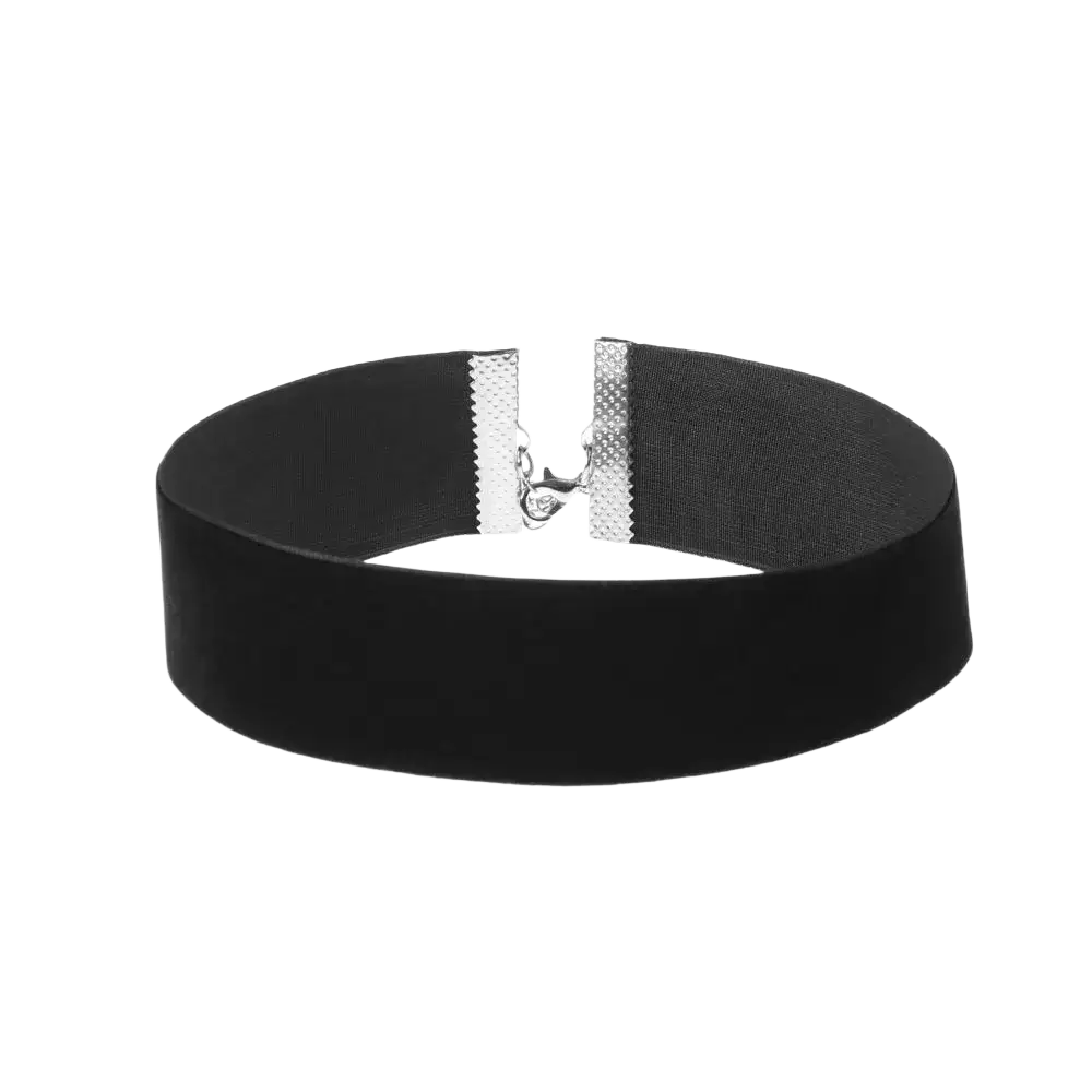 Black velvet choker necklace with silver-toned metal clasp in vintage gothic jewelry style