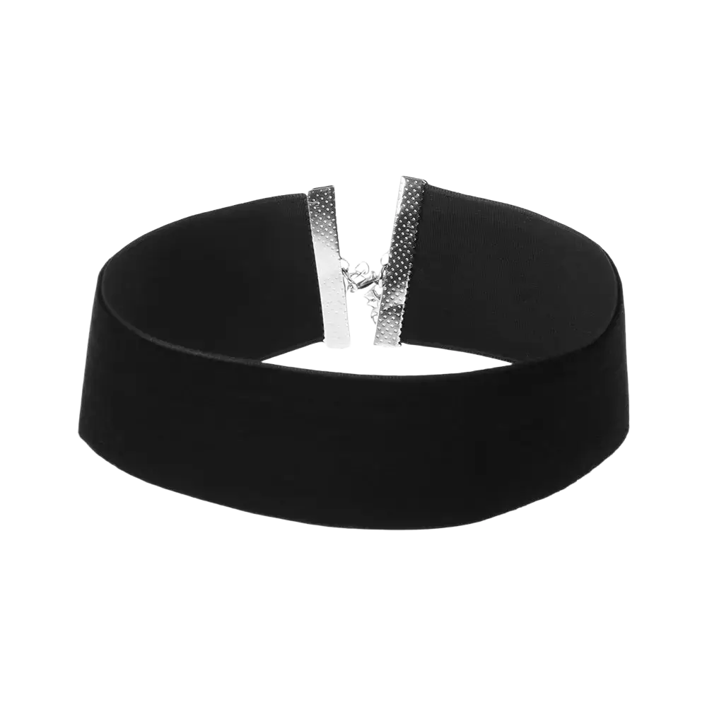 Black velvet choker necklace with a silver-toned textured metal clasp vintage gothic jewelry detail