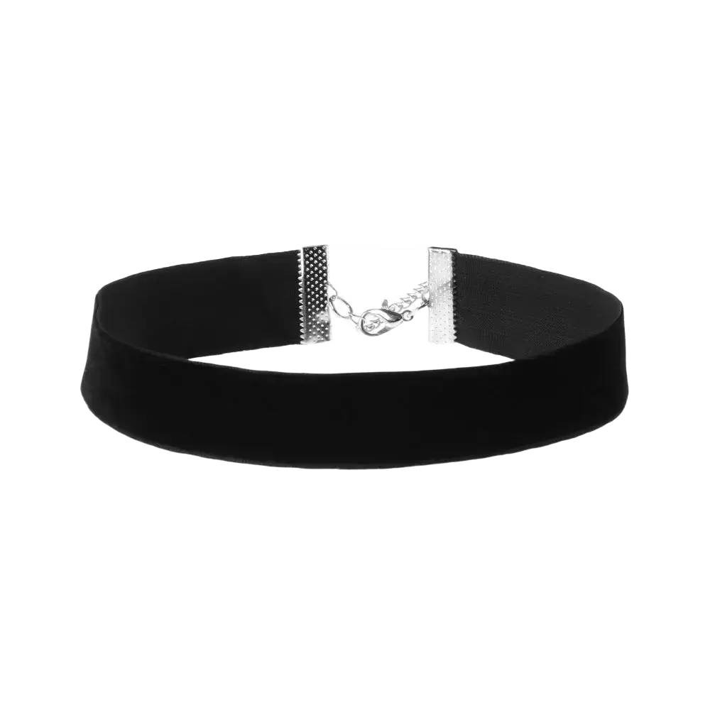 Black velvet choker necklace with silver-toned metal clasp and textured rectangular ends vintage gothic jewelry