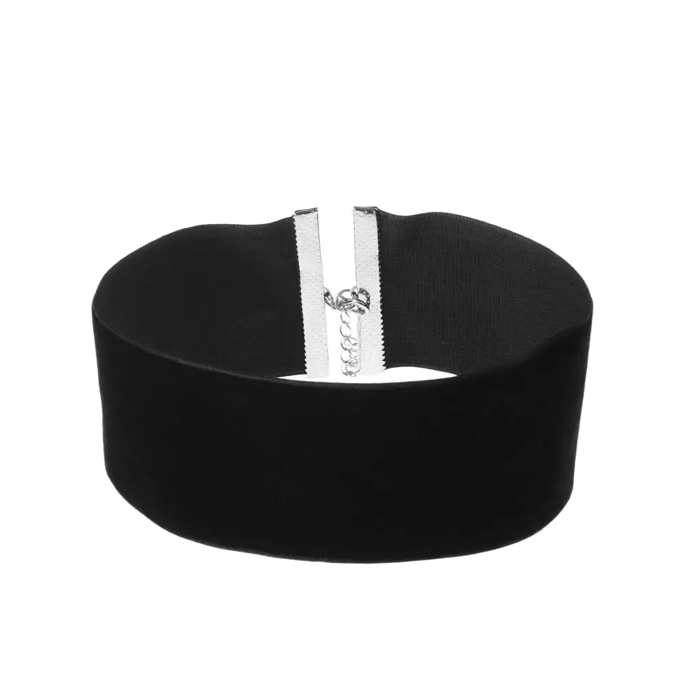 Black velvet choker necklace featuring an elastic waistband with a silver zipper closure in vintage gothic style