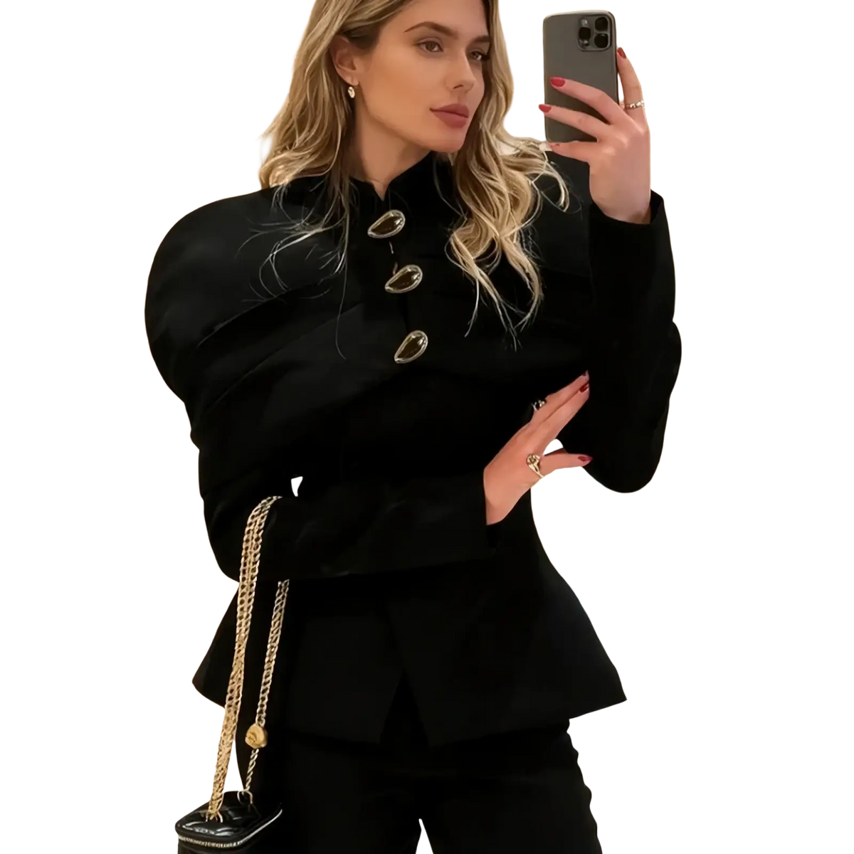 Black velvet blazer with gold-tone oval buttons and a chain strap detail for elegant formal wear