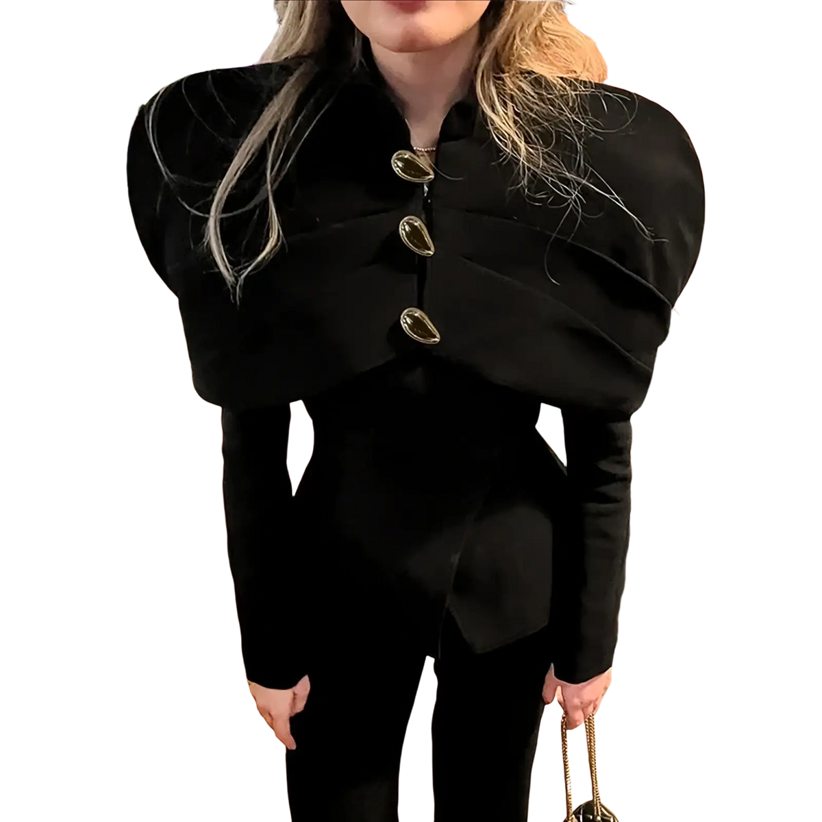 Black velvet cape style jacket with gold toned oval buttons showcasing elegant blazer design