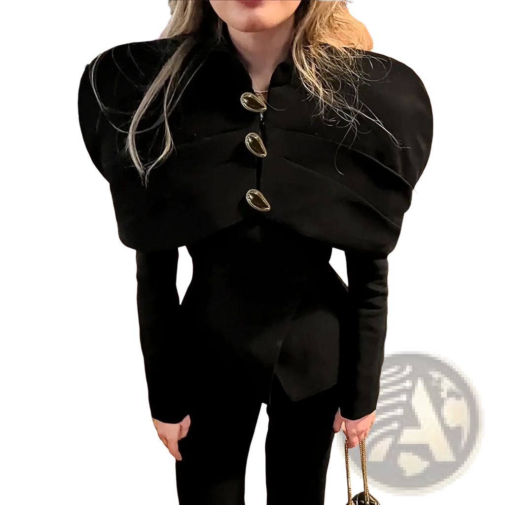 Black velvet cape style jacket with gold toned oval buttons showcasing elegant blazer design