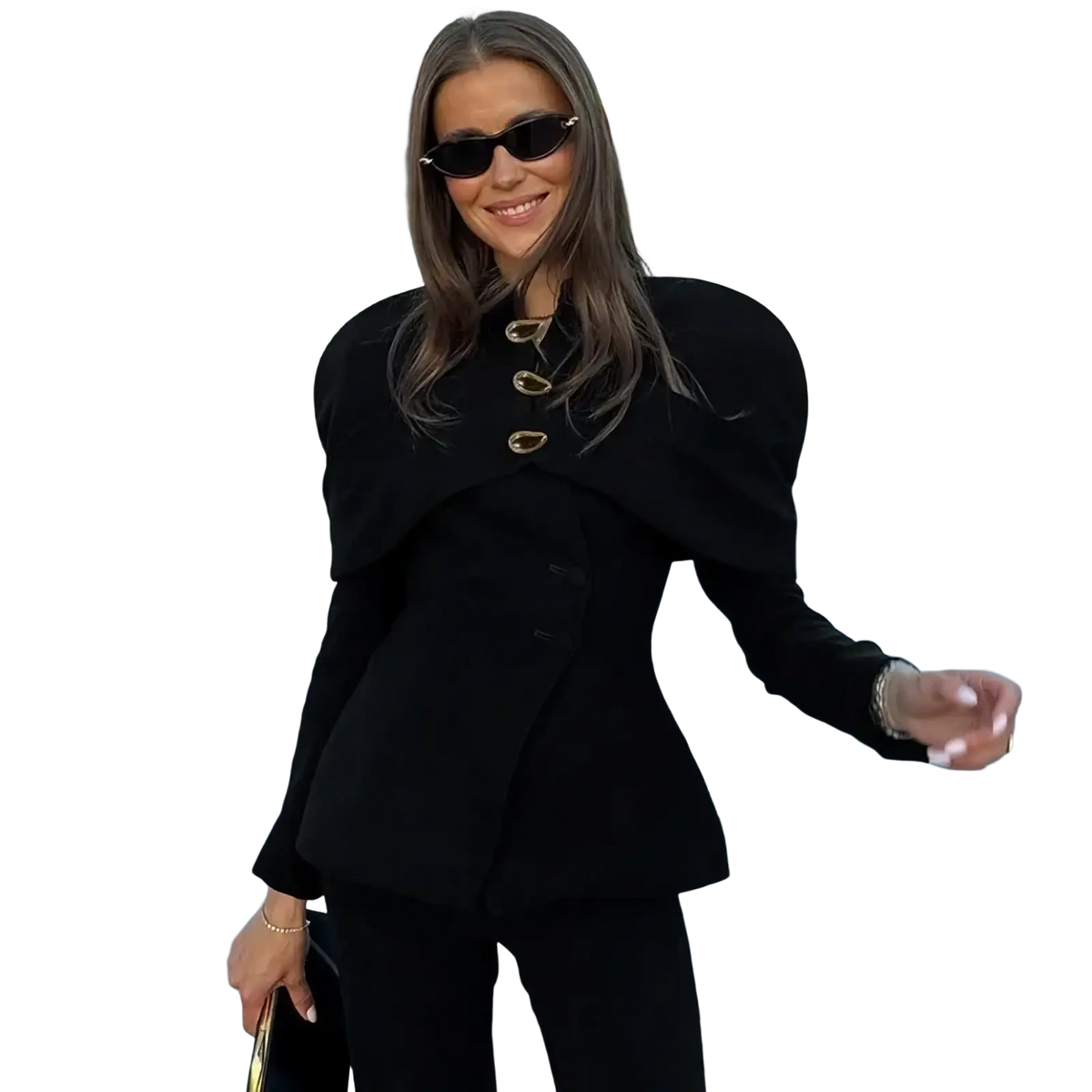 Black velvet blazer with dramatic puffed shoulders and gold-toned oval buttons for formal wear