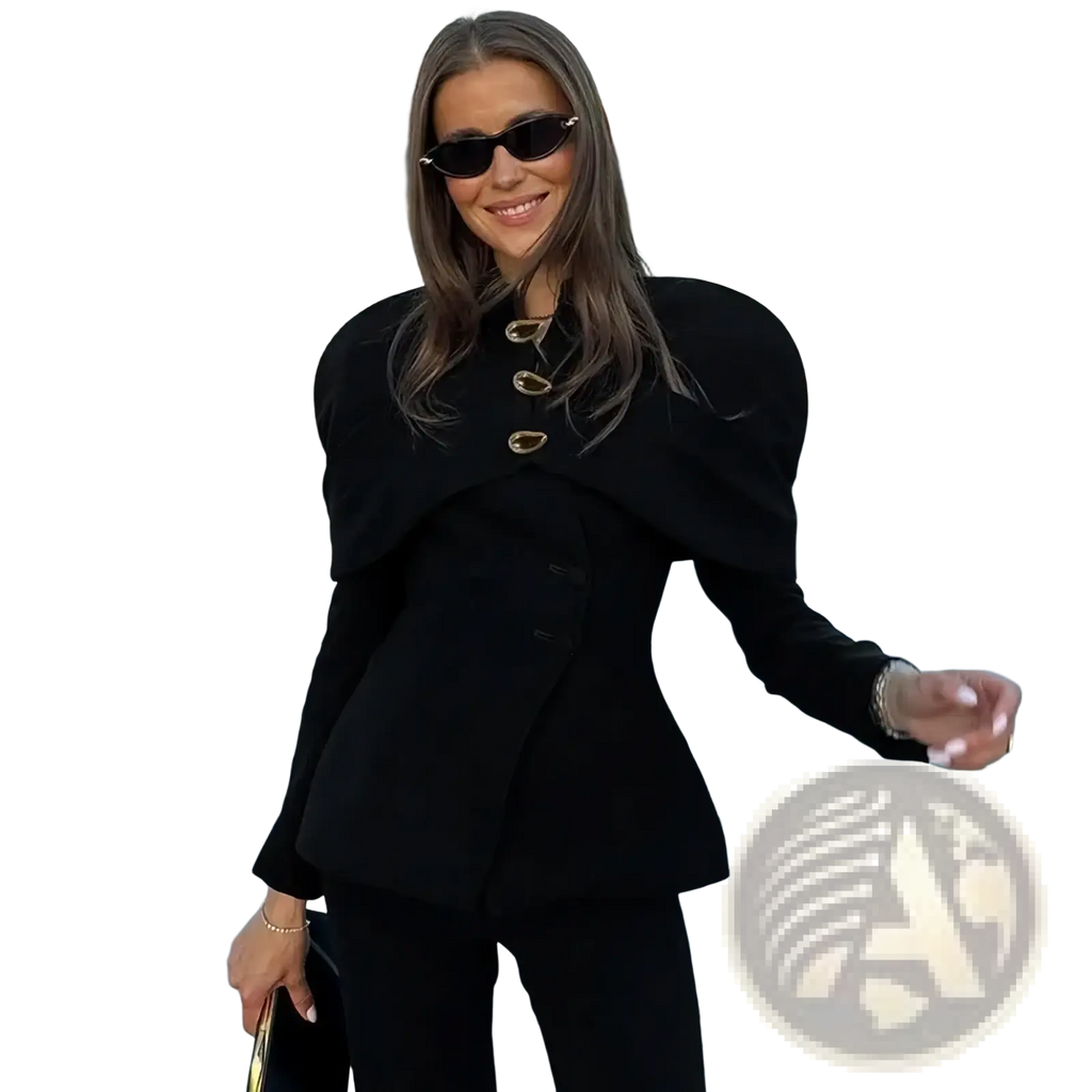Black velvet blazer with dramatic puffed shoulders and gold-toned oval buttons for formal wear