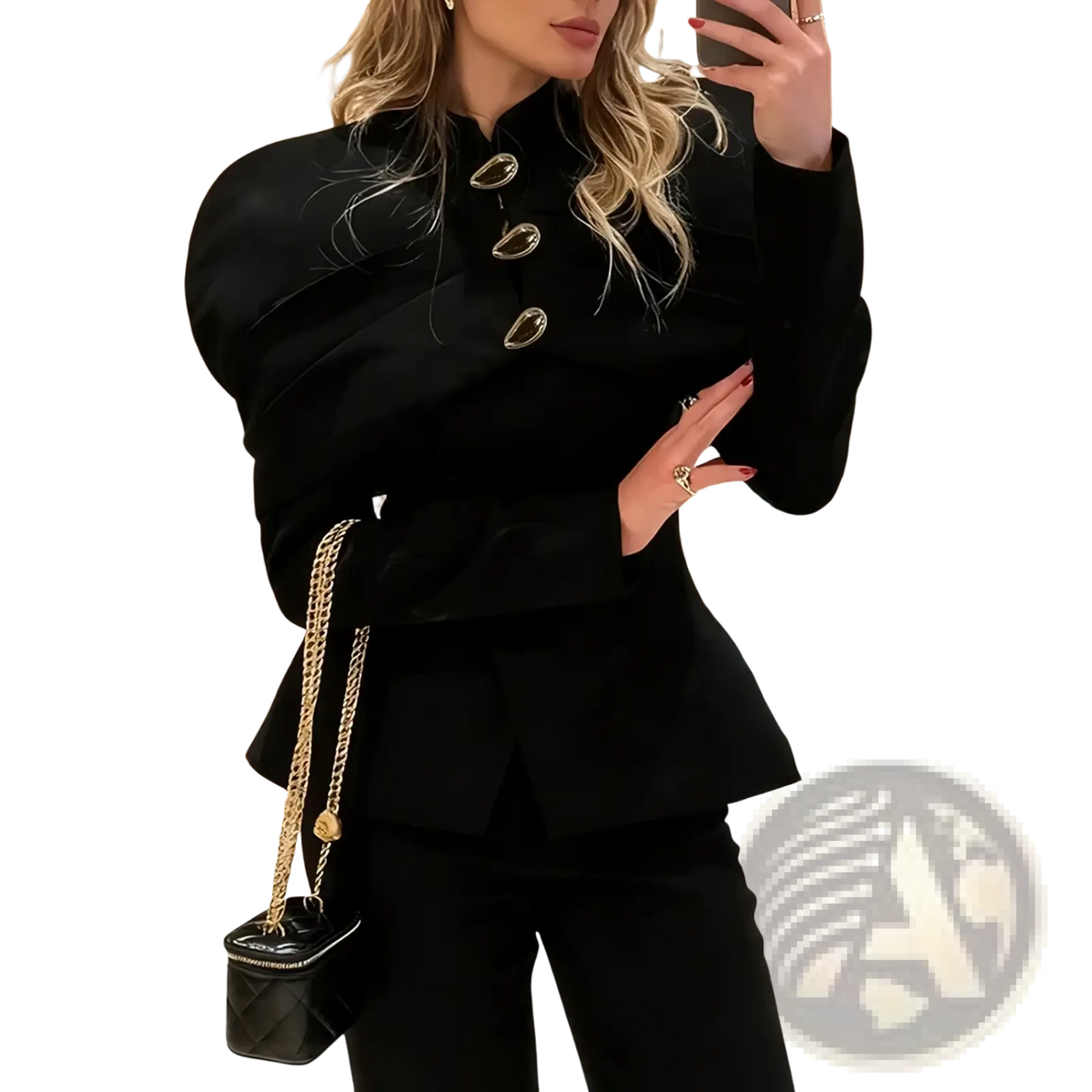 Black quilted mini handbag with gold chain strap complementing a black velvet gold button blazer