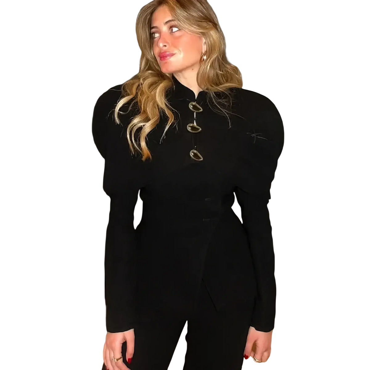 Black velvet fitted blazer with dramatic puffed shoulders and gold oval buttons down the front
