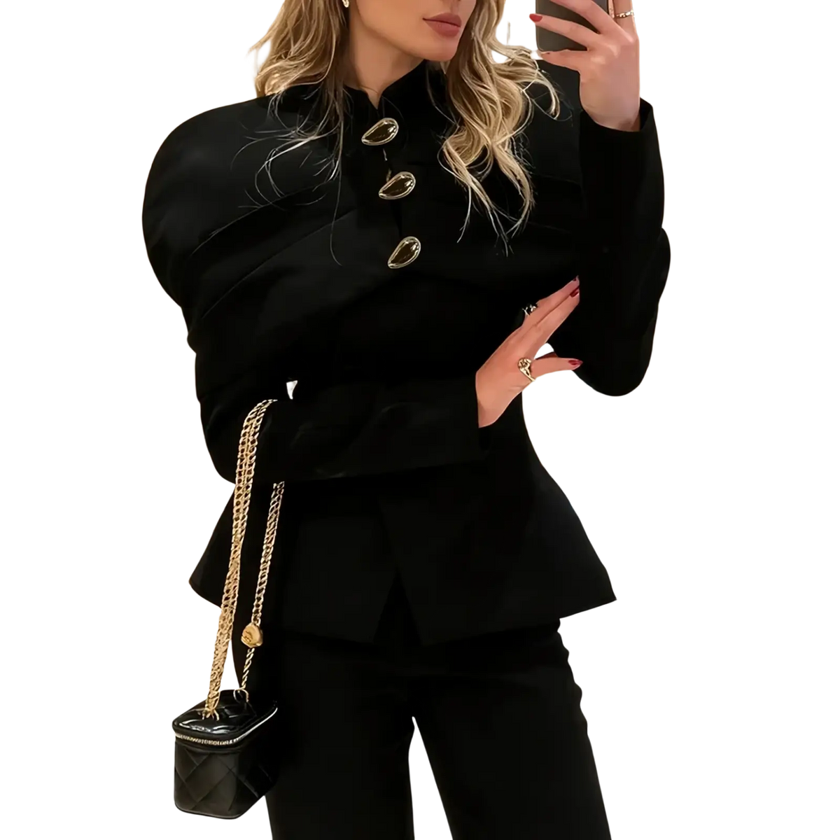 Black quilted mini handbag with gold chain strap complementing a black velvet gold button blazer