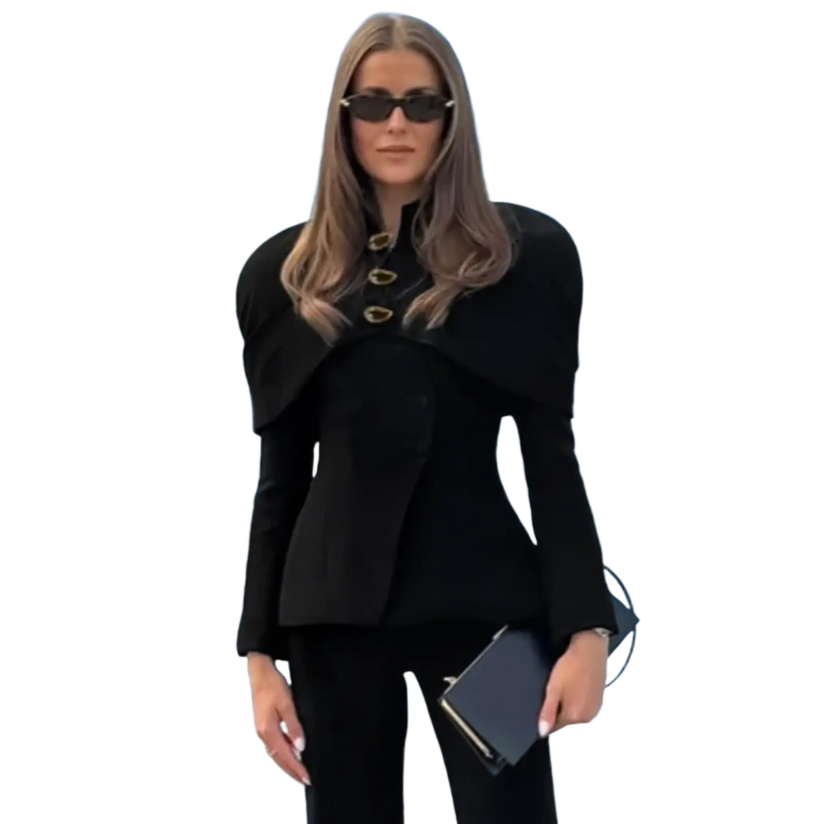 Black velvet blazer with structured design and gold-toned button accents for formal or professional wear