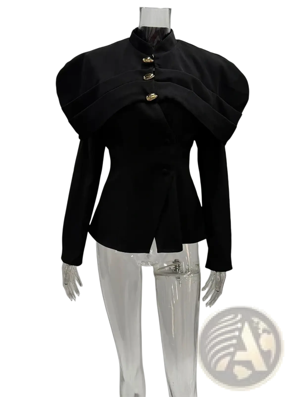 Black velvet blazer with dramatic puffed shoulders and gold toned buttons for formal and stylish wear