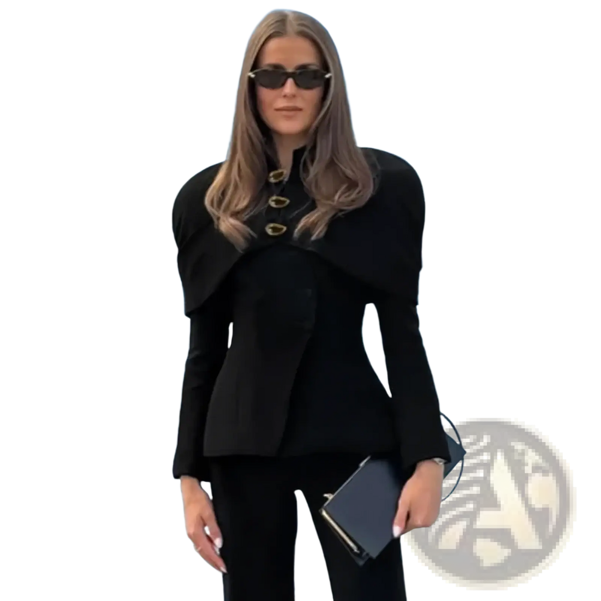 Black velvet blazer with structured design and gold-toned button accents for formal or professional wear