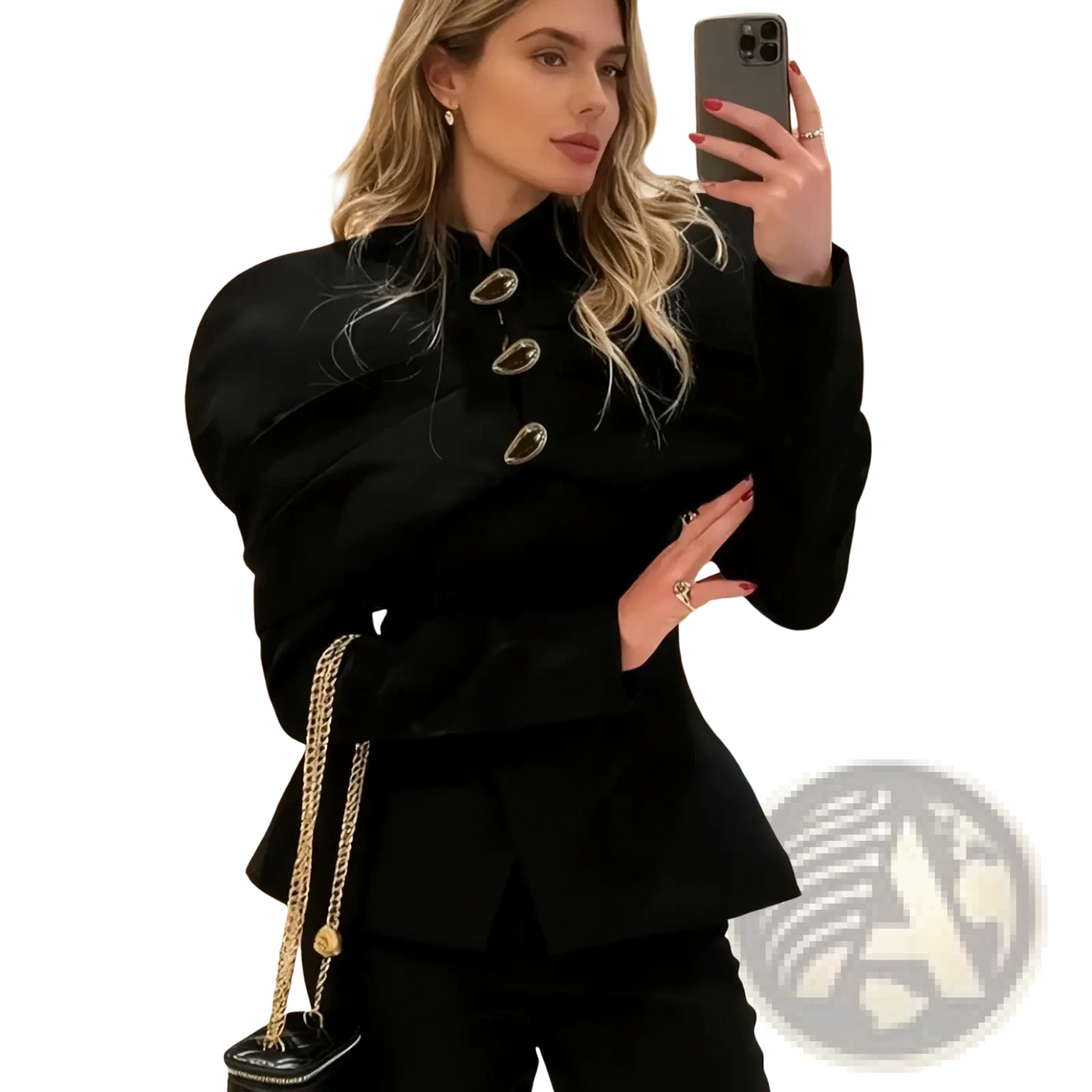 Black velvet blazer with gold-tone oval buttons and a chain strap detail for elegant formal wear