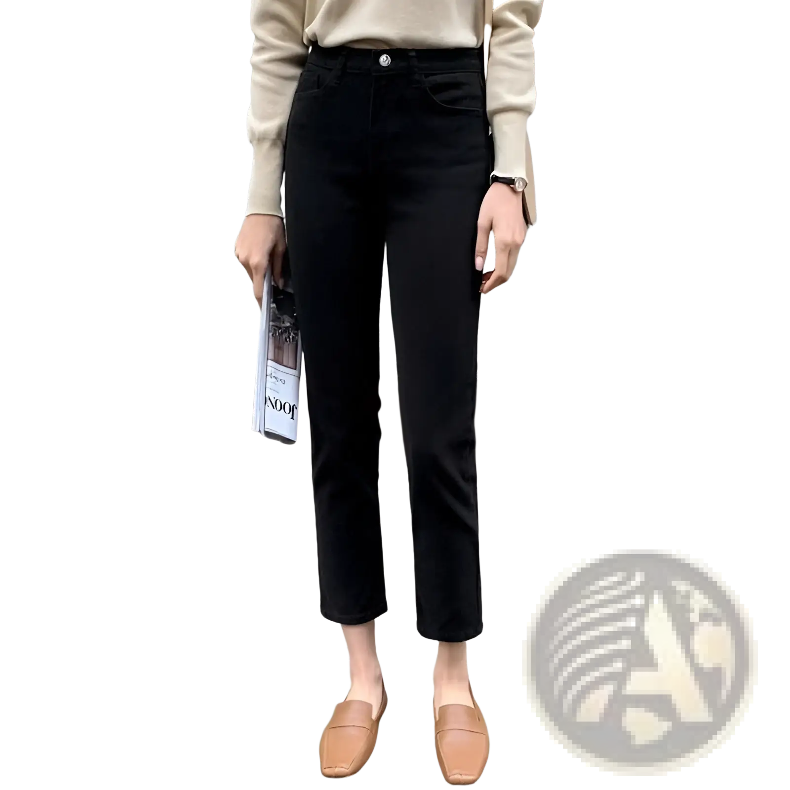 Black high waisted cropped jeans leggings with plush velvet lined reinforced interior for warmth and comfort
