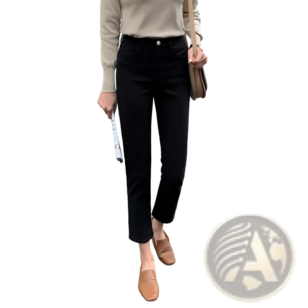 Black velvet lined high waisted jeans leggings with a sleek modern cut and straight leg in black color