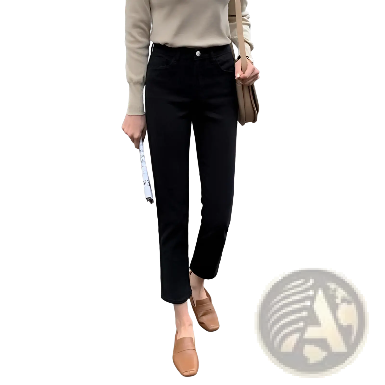 Black velvet lined high waisted jeans leggings with a sleek modern cut and straight leg in black color
