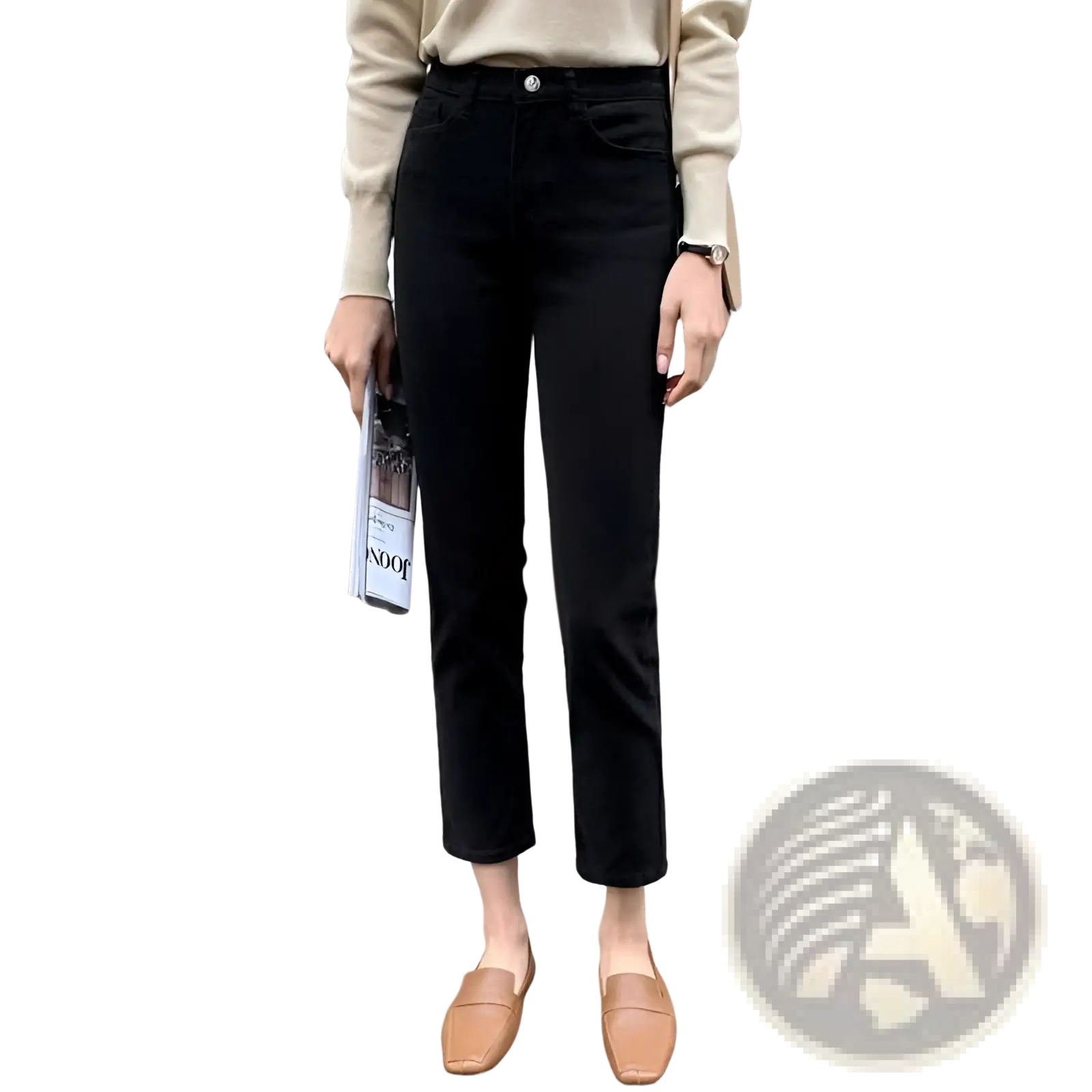 Black velvet lined high waisted jeans leggings in black cropped denim designed for a sleek fit and comfort