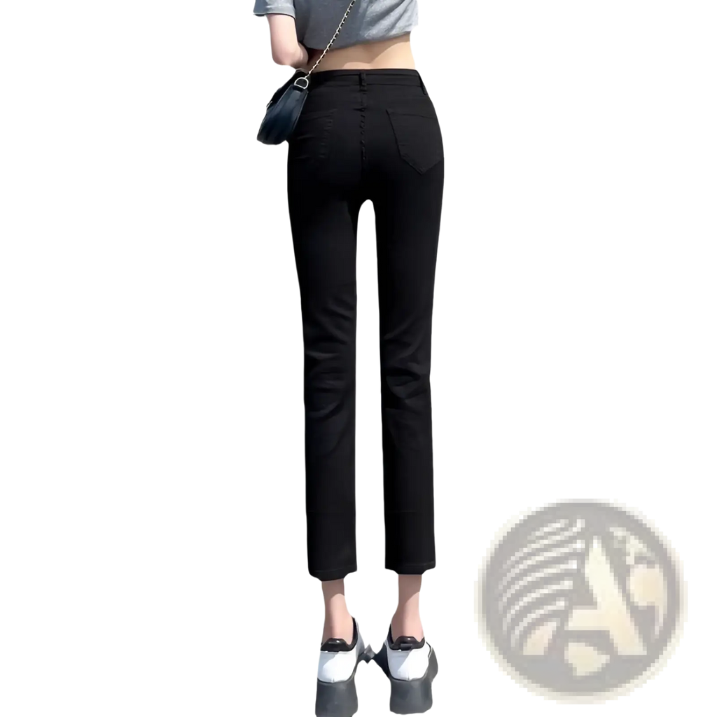 Black velvet lined high waisted slim fit jeans leggings with straight leg cut and cropped hem in black color