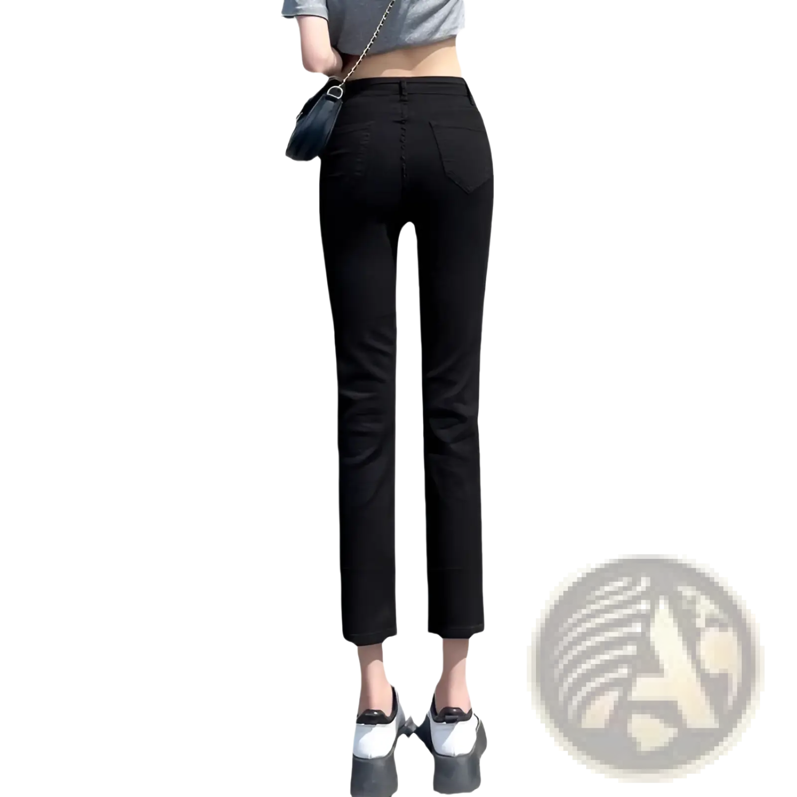 Black velvet lined high waisted slim fit jeans leggings with straight leg cut and cropped hem in black color