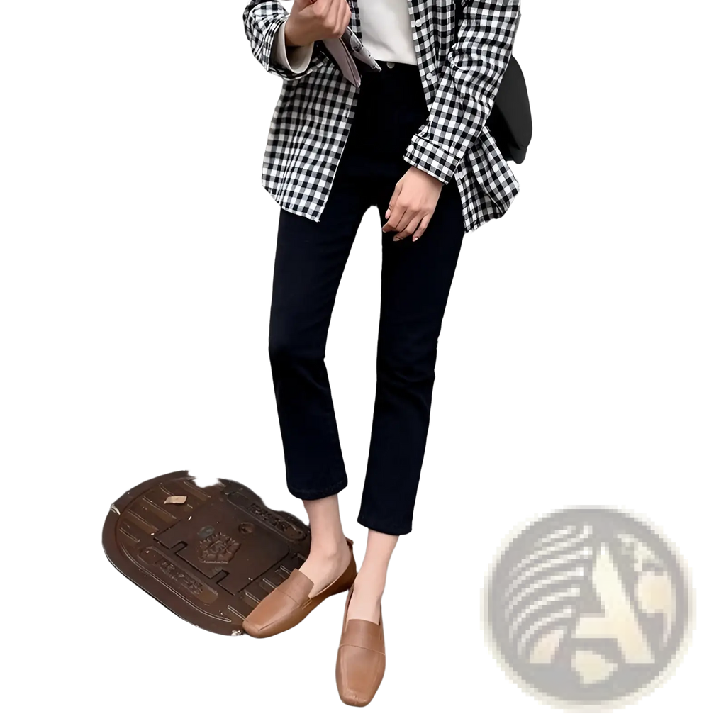 Tan leather loafers with a square toe and minimalist design paired with black velvet lined high waisted jeans leggings