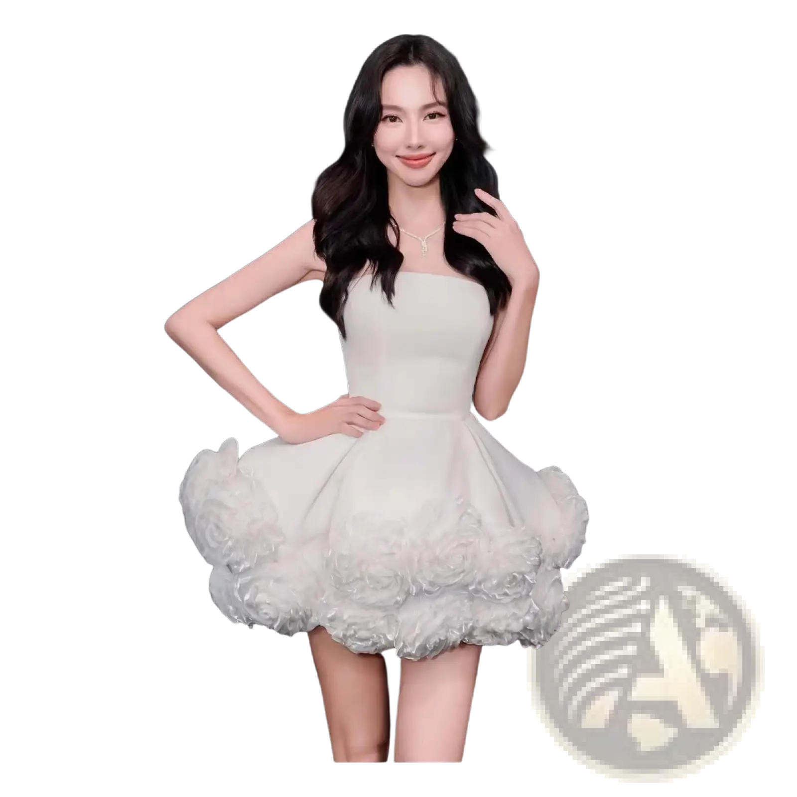 Black velvet ruffle mini dress featuring a white strapless fitted bodice and layered voluminous ruffled skirt