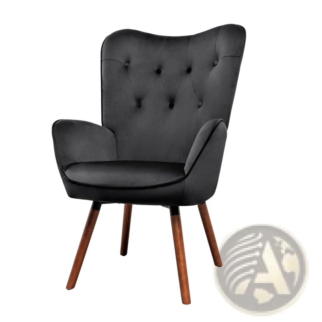 Black velvet tufted wingback accent chair with wood legs featuring soft velvet upholstery and sturdy wooden frame