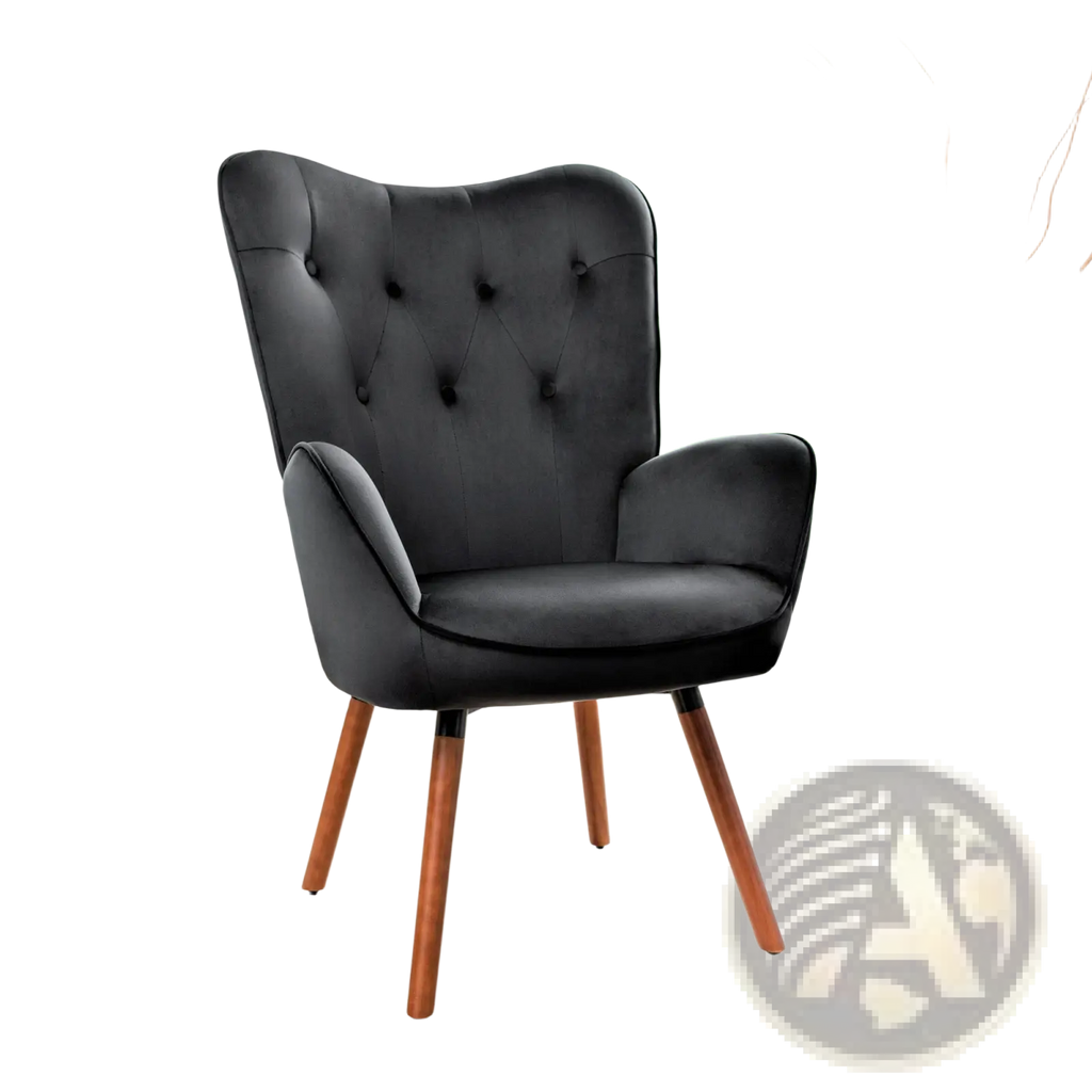 Black velvet tufted wingback accent chair with wooden legs and soft fabric upholstery for stylish seating