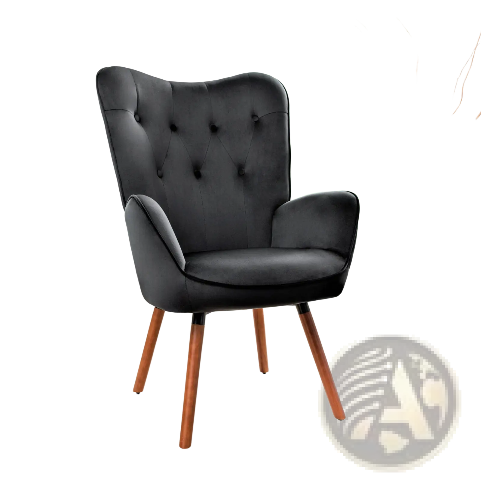 Black velvet tufted wingback accent chair with wooden legs and soft fabric upholstery for stylish seating