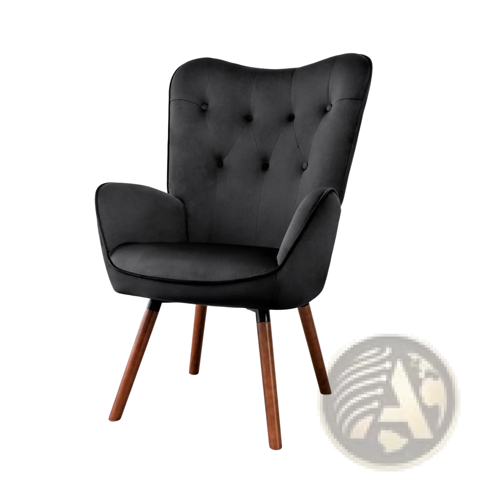 Black velvet tufted wingback accent chair with wood legs showcasing plush velvet upholstery and elegant wooden legs