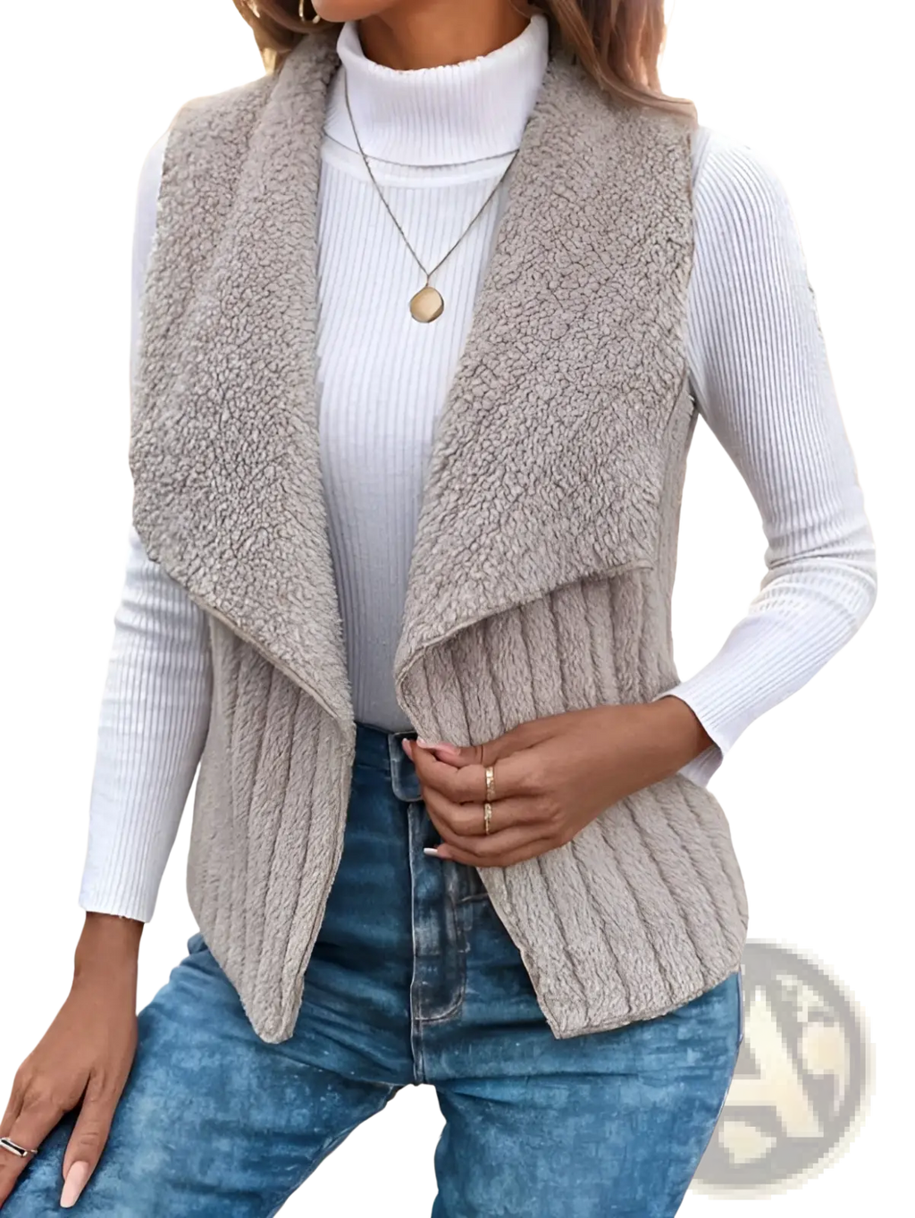 A cozy light gray shearling vest with ribbed knit front and draped collar for stylish knit outerwear