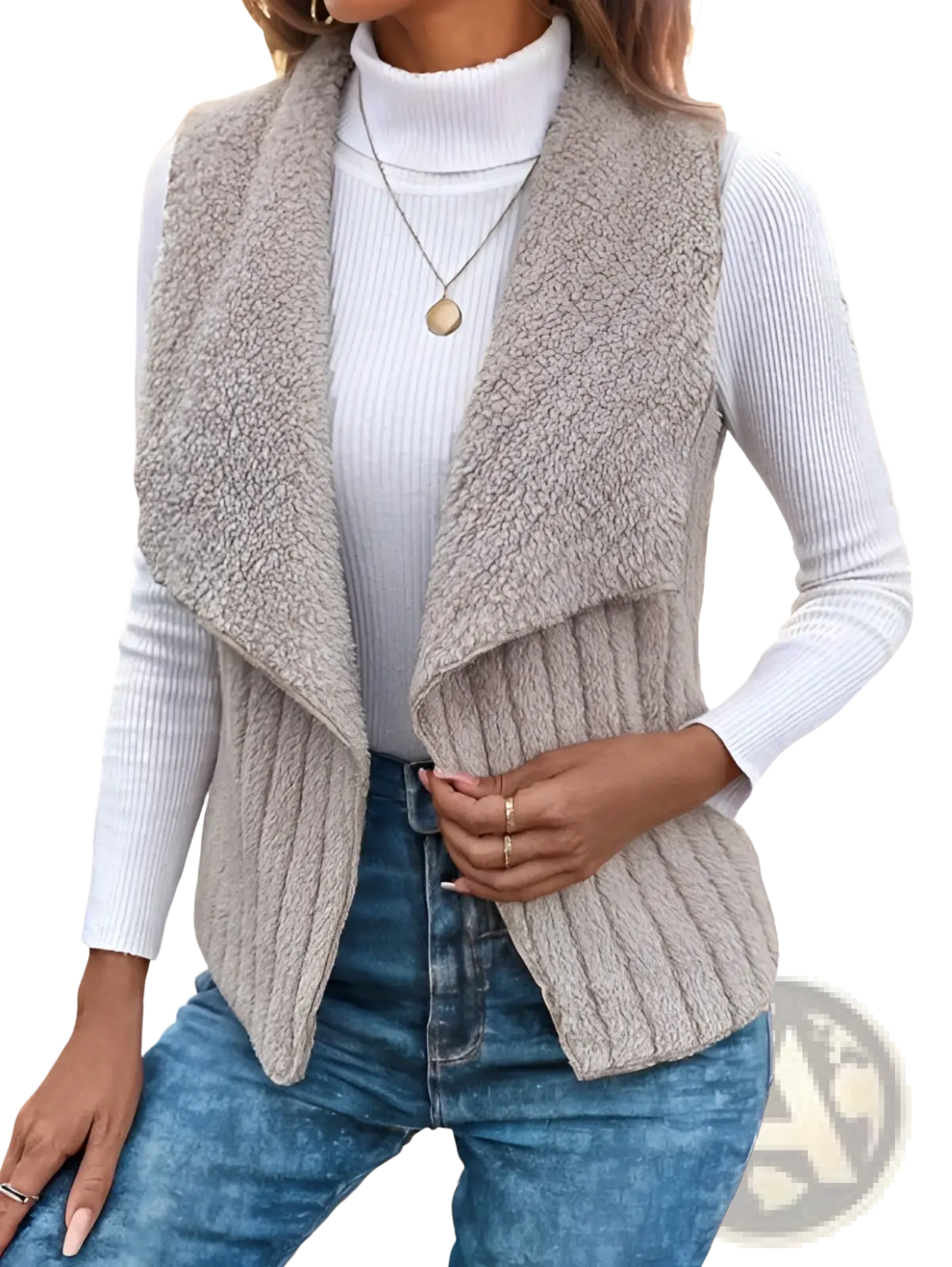 A cozy light gray shearling vest with ribbed knit front and draped collar for stylish knit outerwear