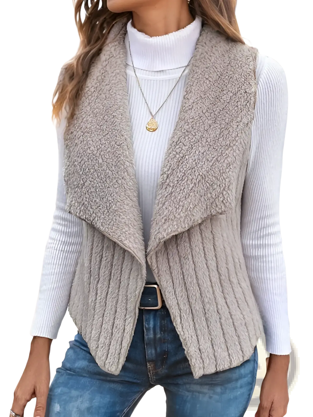Beige ribbed knit vest with faux fur trim designed for stylish layering in black waterfall collar outerwear collection
