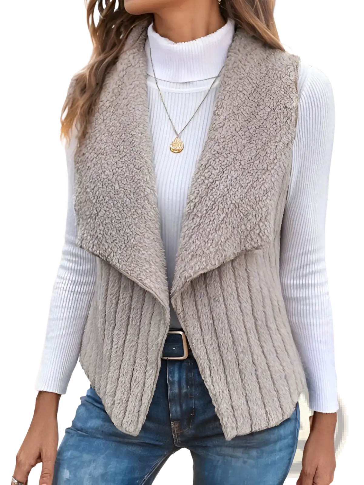 Beige ribbed knit vest with faux fur trim designed for stylish layering in black waterfall collar outerwear collection