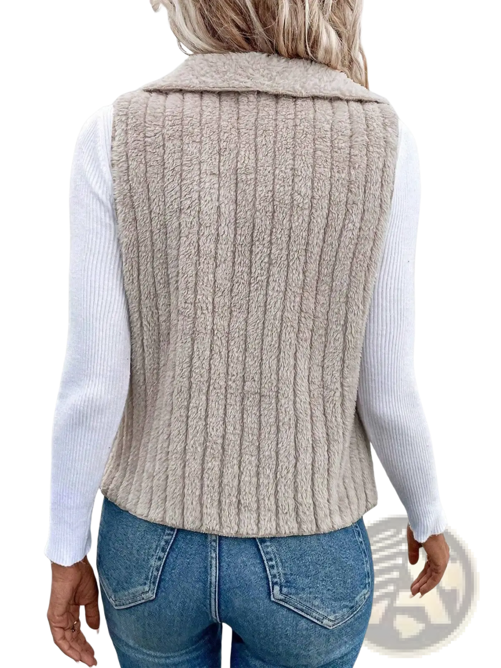 Beige ribbed knit fleece vest with a cozy collar suitable as black waterfall collar vest knit outerwear