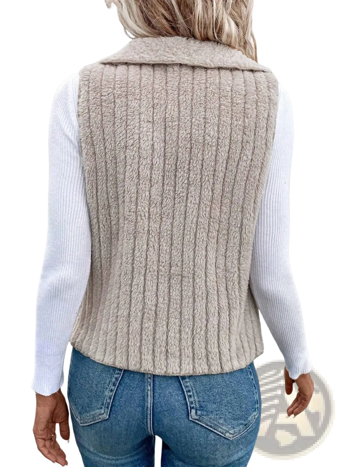 Beige ribbed knit fleece vest with a cozy collar suitable as black waterfall collar vest knit outerwear