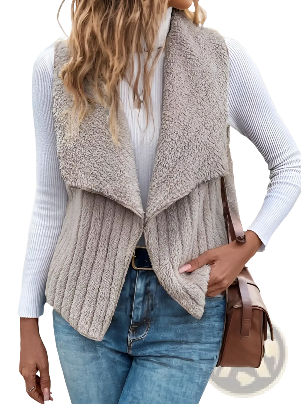 Beige sleeveless vest with ribbed knit and faux fur detailing from black waterfall collar vest knit outerwear collection
