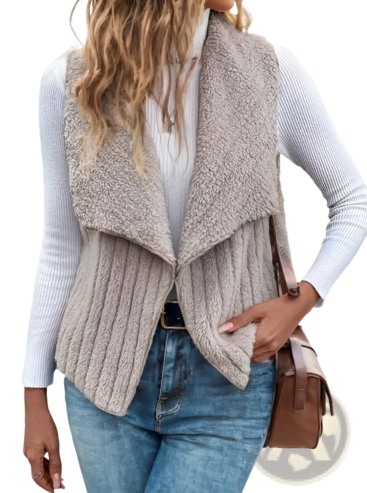 Beige sleeveless vest with ribbed knit and faux fur detailing from black waterfall collar vest knit outerwear collection