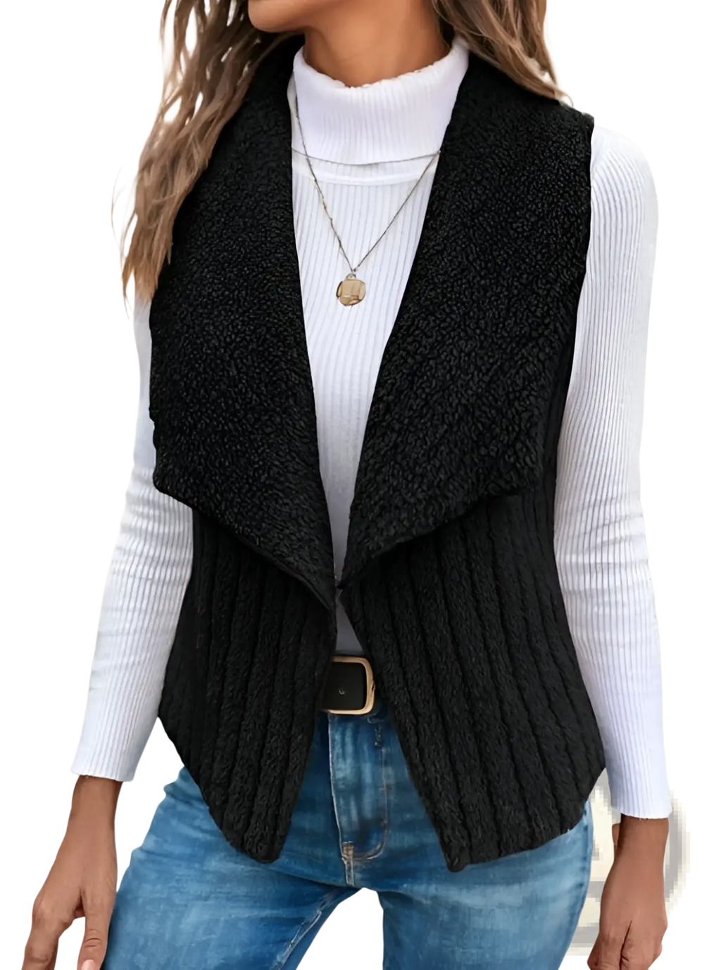 Black ribbed knit vest featuring a textured layered front and sleek open design for stylish outerwear layering