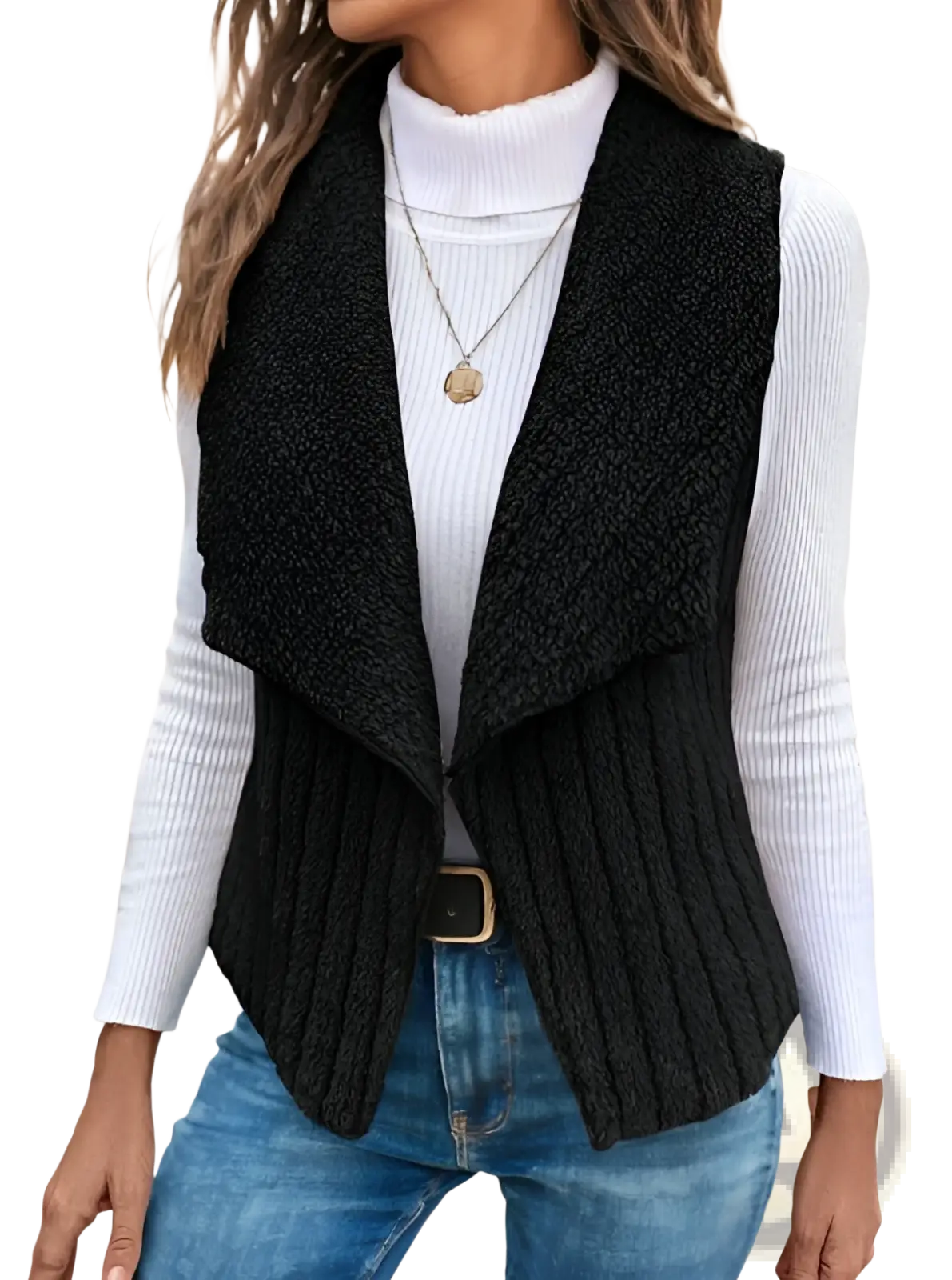 Black ribbed knit vest featuring a textured layered front and sleek open design for stylish outerwear layering